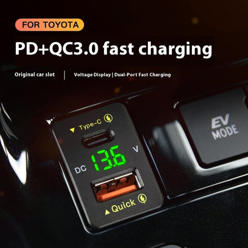 Car phone charger with Type-C and USB ports, green LED voltage display