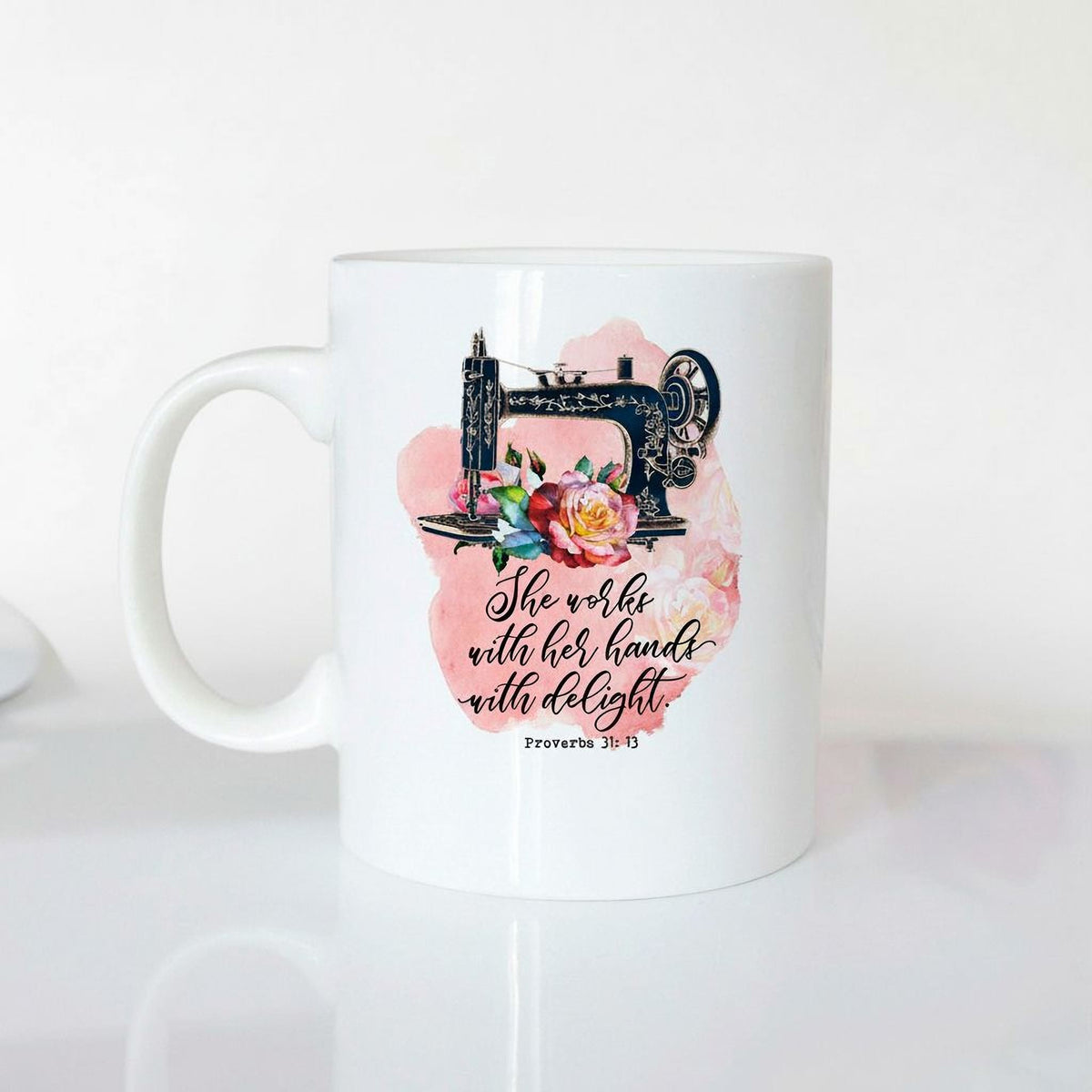 Proverbs 31 coffee mug, white with watercolor flowers and vintage sewing machine design