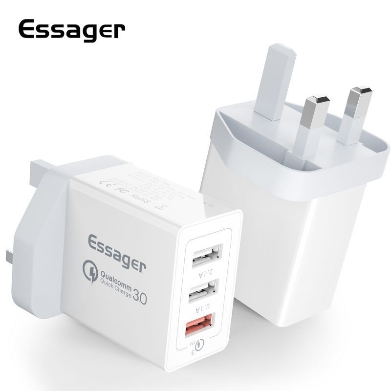 White 3-port USB charger angled view showing three USB-A outputs