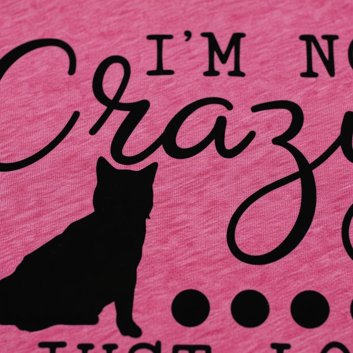 Close-up of pink unisex t-shirt graphic with black cat silhouette and “I’m not Crazy”.