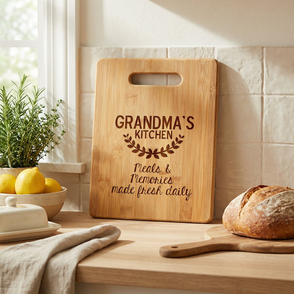 Light wood cutting board with carrying handle and engraved “GRANDMA’S KITCHEN”
