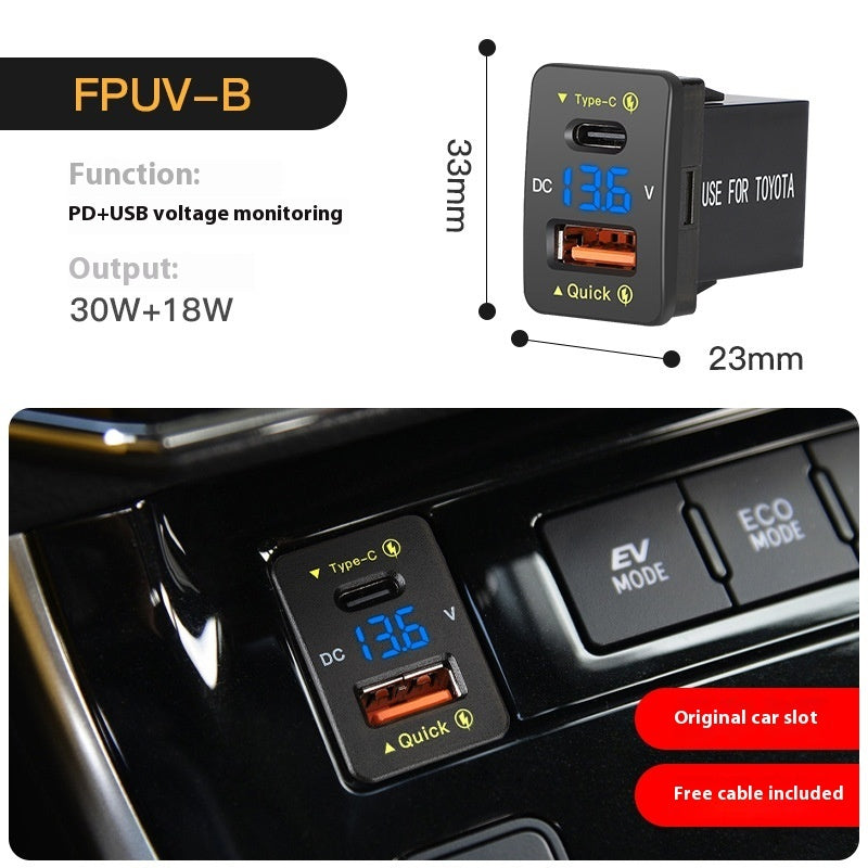 Embedded car phone charger with Type-C and USB ports, green LED voltage display