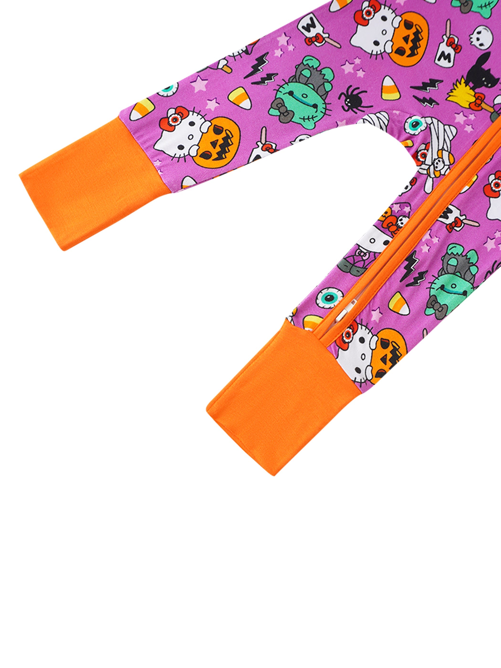 Baby zip-up romper in purple with orange cuffs and cartoon animal character print