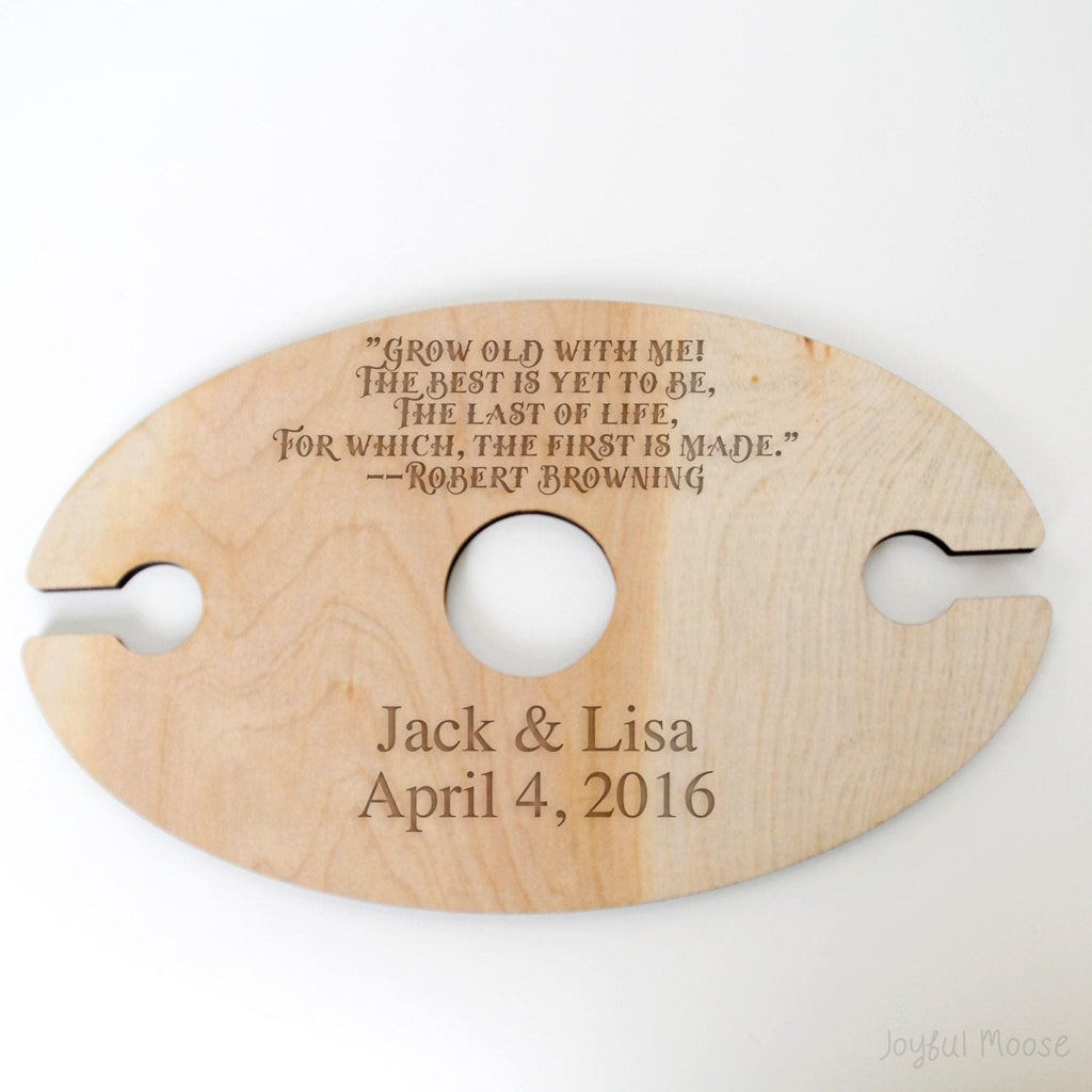 Rustic engraved wood wine holder with couple names Jack & Lisa and April 4, 2016