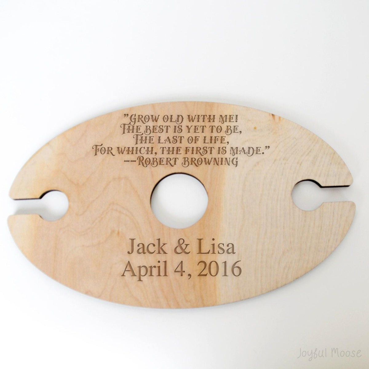 Rustic engraved wood wine holder with couple names Jack & Lisa and April 4, 2016