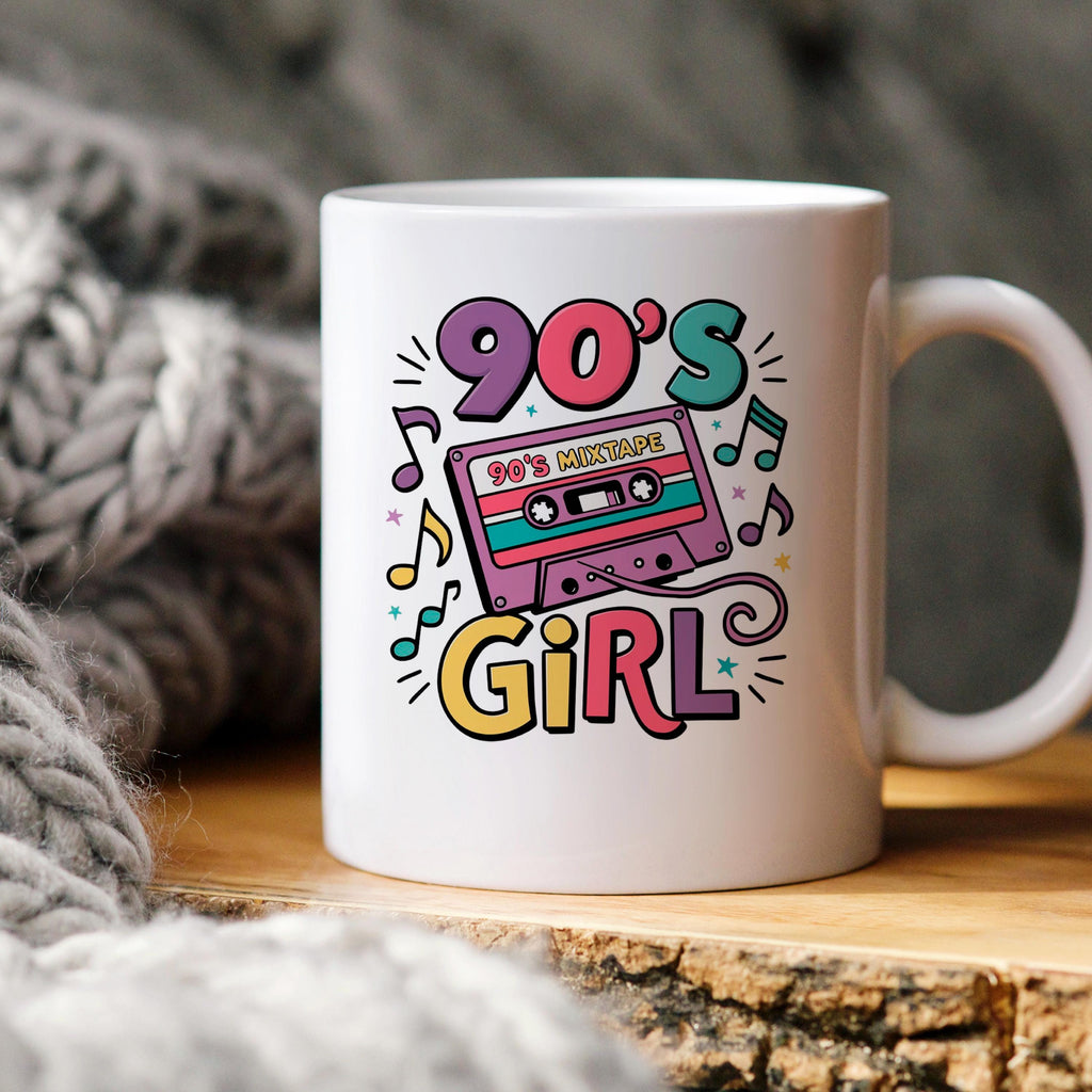 White ceramic mug featuring 90's Girl cassette tape design