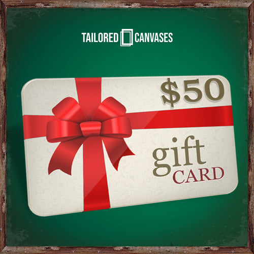Gift card with red ribbon bow and $50 gift card design
