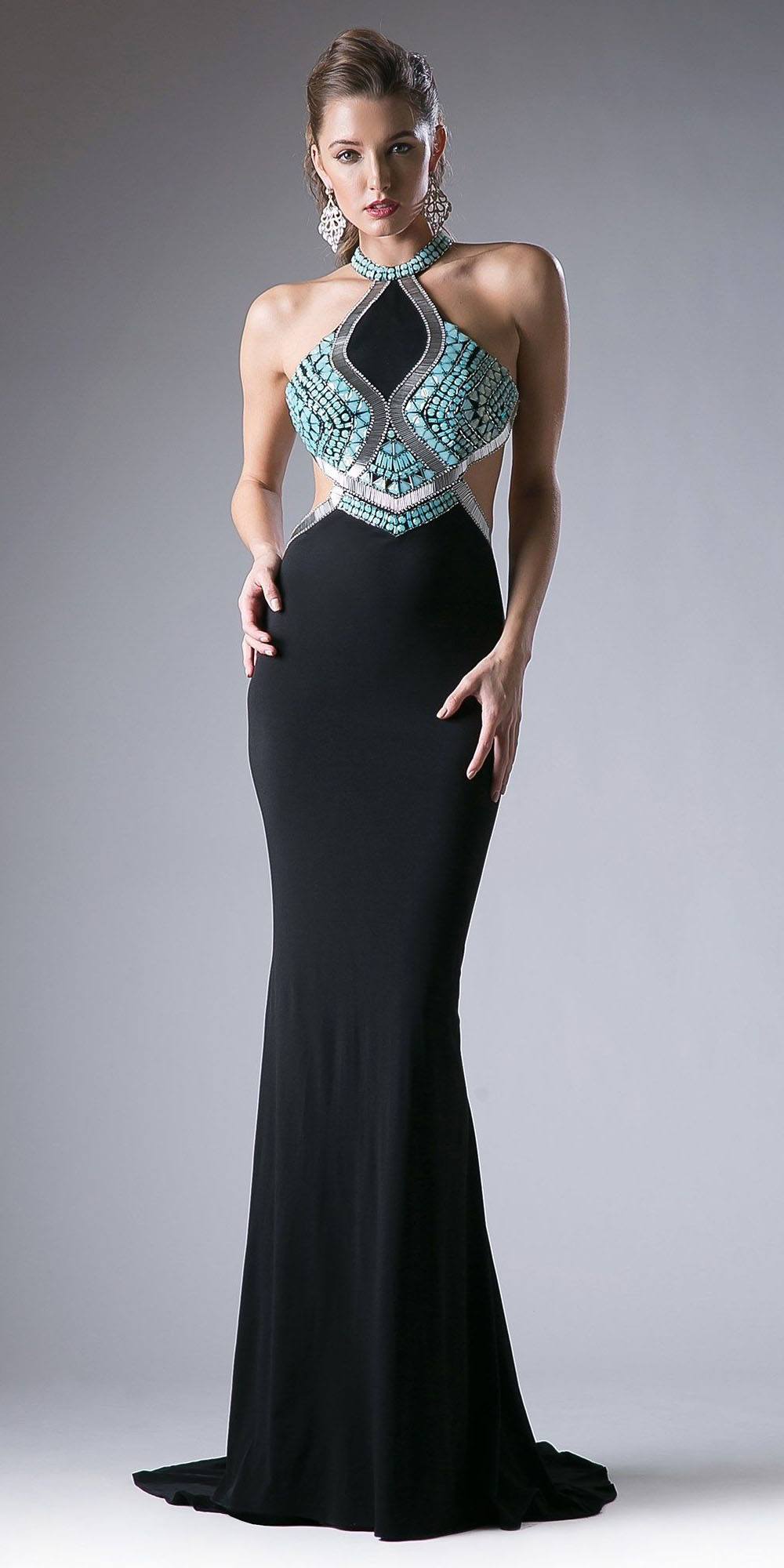 Black long halter evening dress with jeweled multicolor front cut-out bodice