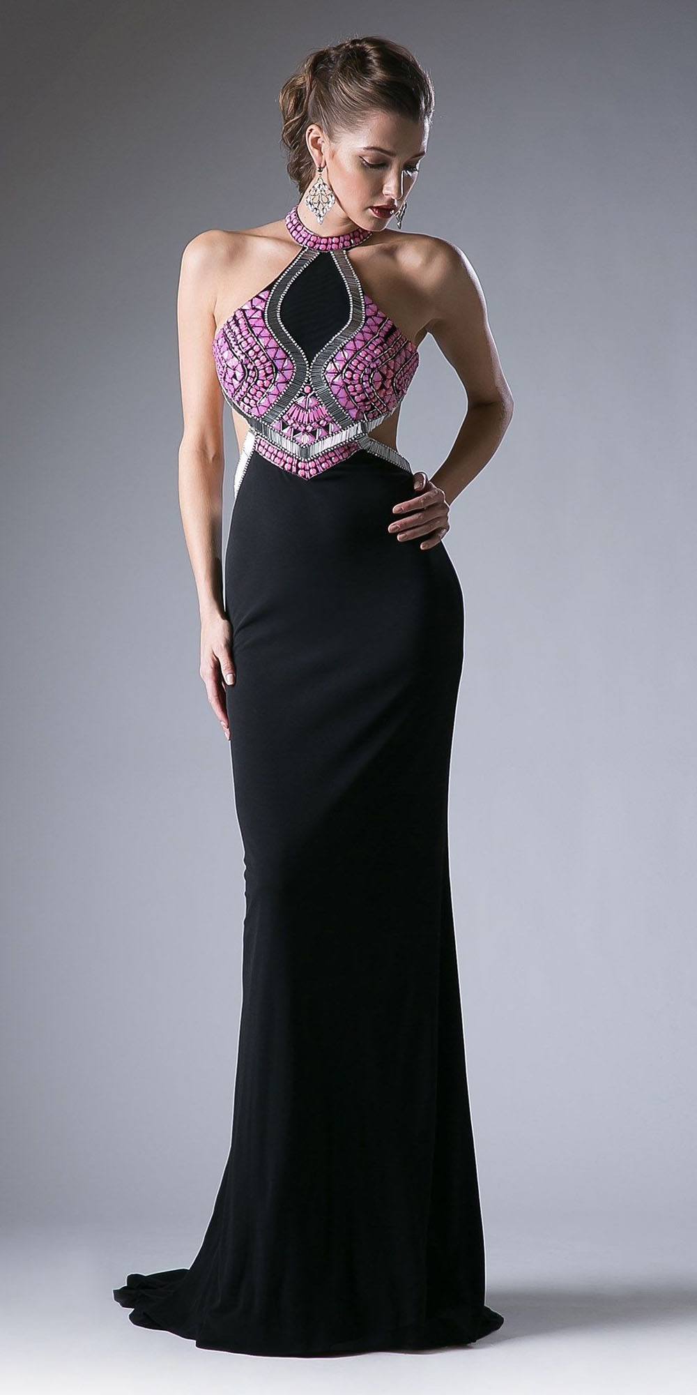 Black long halter evening dress with multicolor beaded cut-out bodice