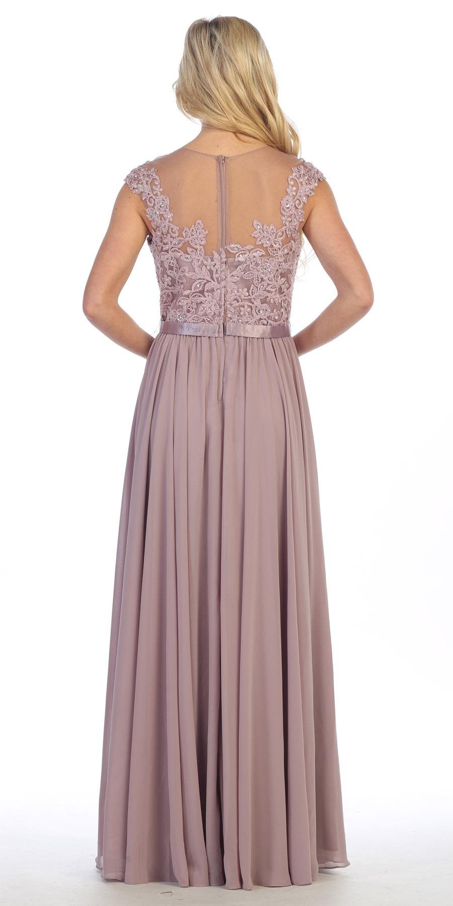 Mocha chiffon evening dress, lace back with cap sleeves and A-line floor-length skirt