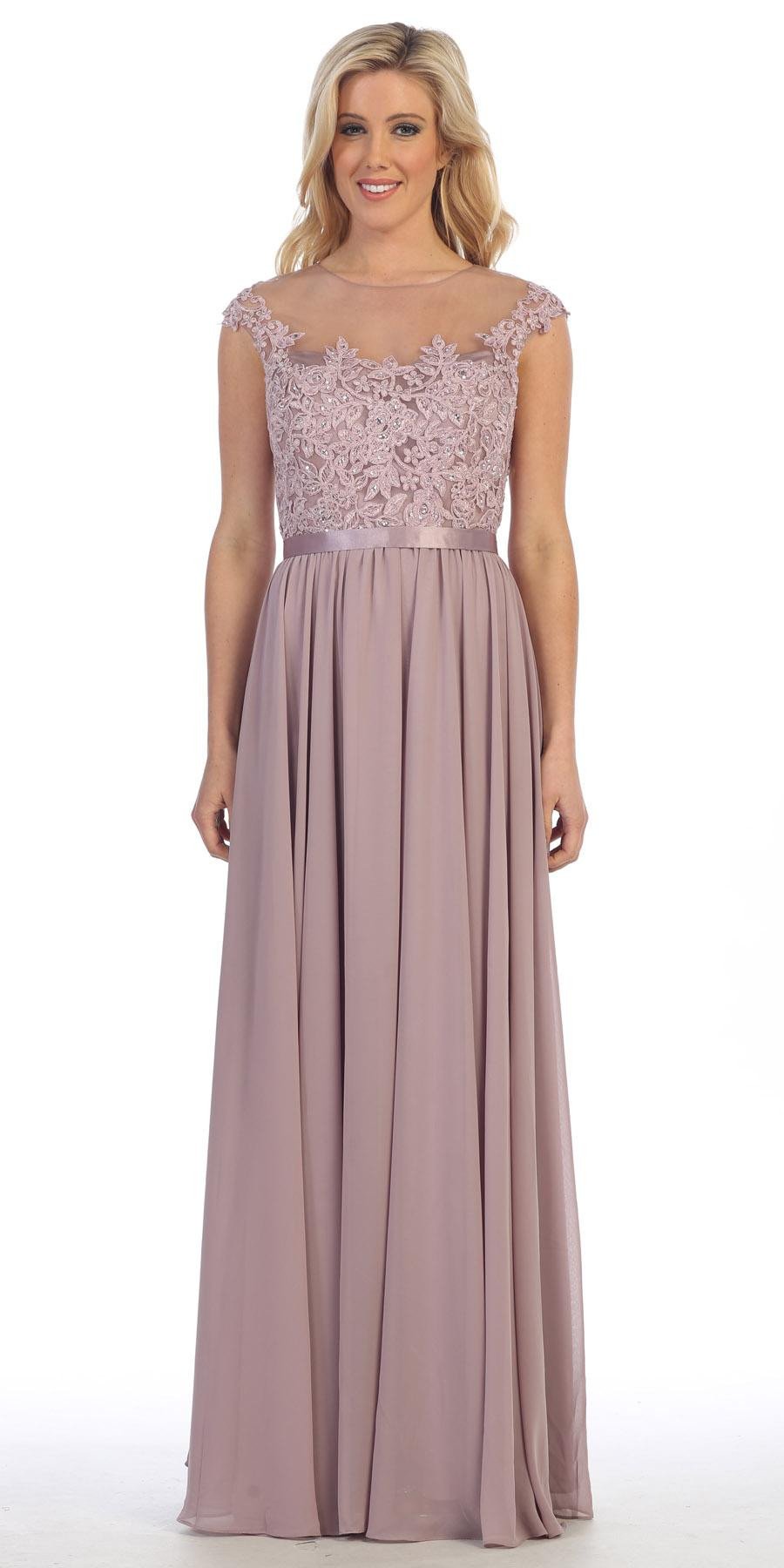 Mocha chiffon evening dress with lace cap sleeves and A-line floor-length skirt