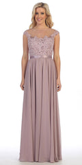 Mocha chiffon evening dress with lace cap sleeves and A-line floor-length skirt