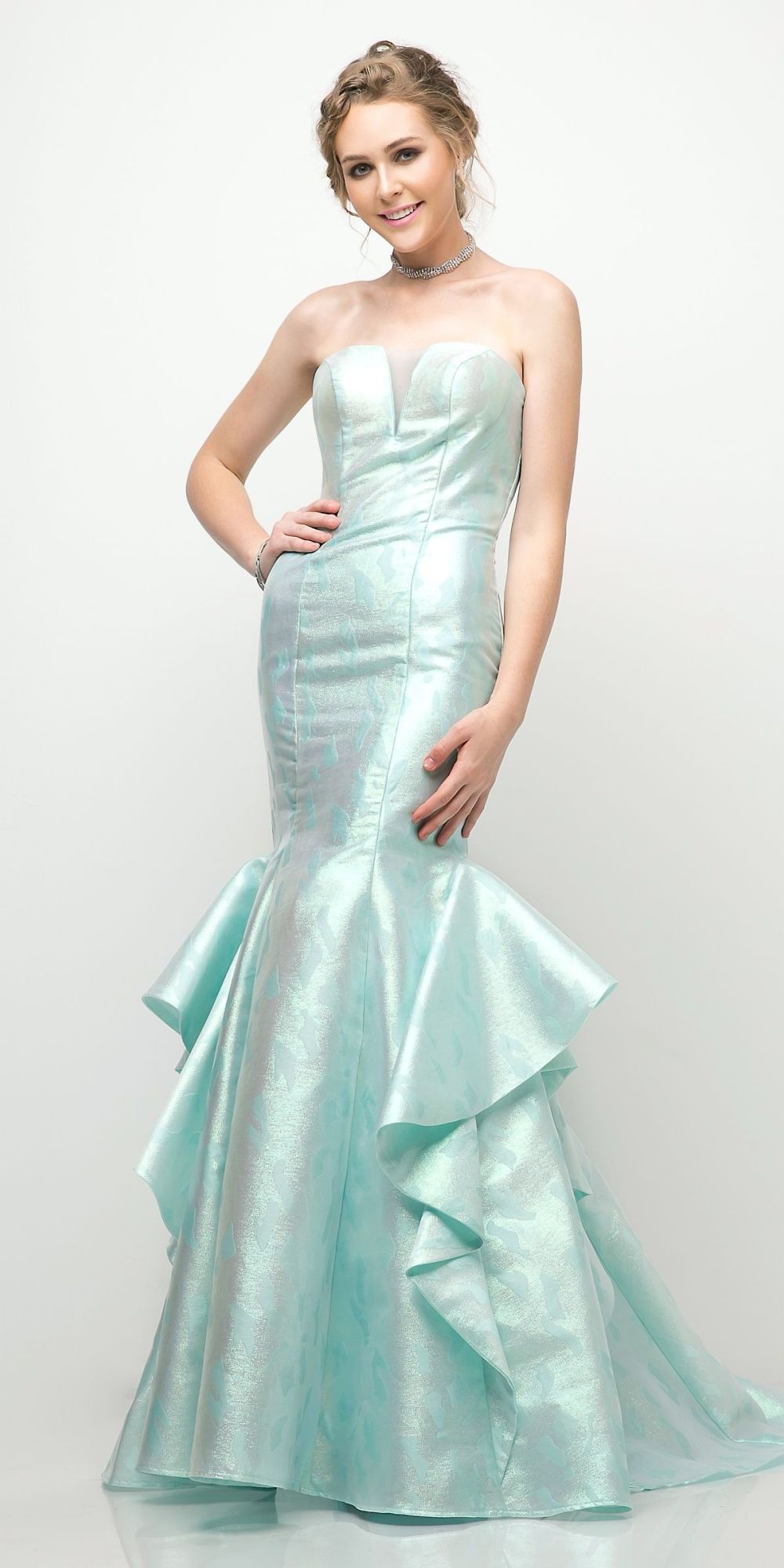 Strapless jacquard mermaid gown with layered ruffle hem, front view, mint