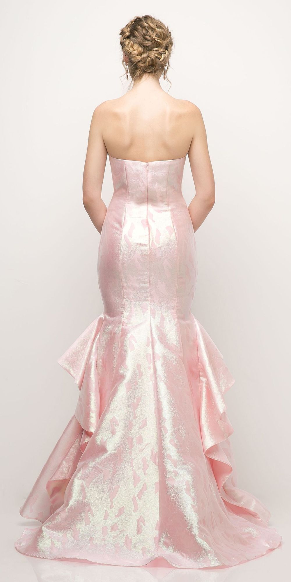Strapless jacquard mermaid gown with layered ruffle hem, back view, light pink