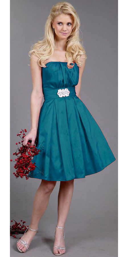 Teal knee-length A-line dress with off-shoulder neckline and embellished waist