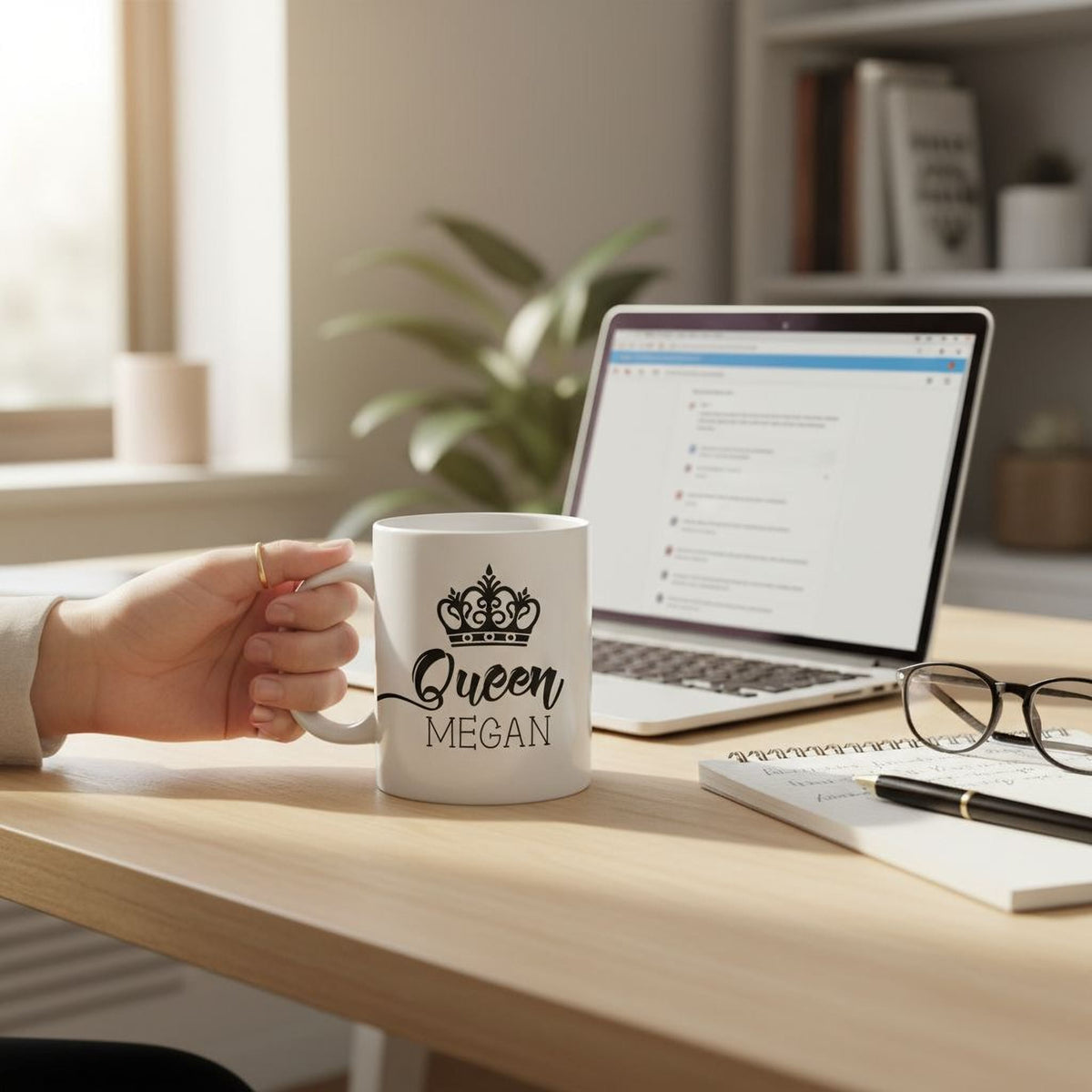 White coffee mug held in hand with black crown and “Queen MEGAN” print; on desk beside laptop.
