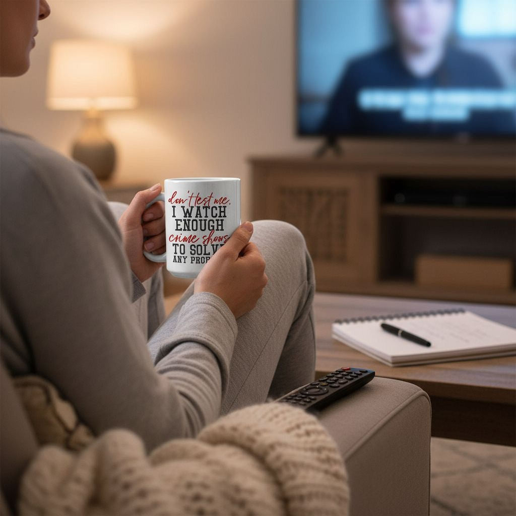 White mug with 'I WATCH ENOUGH...' crime shows quote, held while sitting on couch