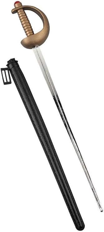 Plastic costume sword prop with black scabbard, silver blade, and brown handle