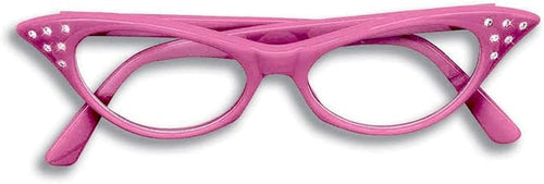 Pink cat-eye rhinestone glasses with clear lenses and sparkly temple accents