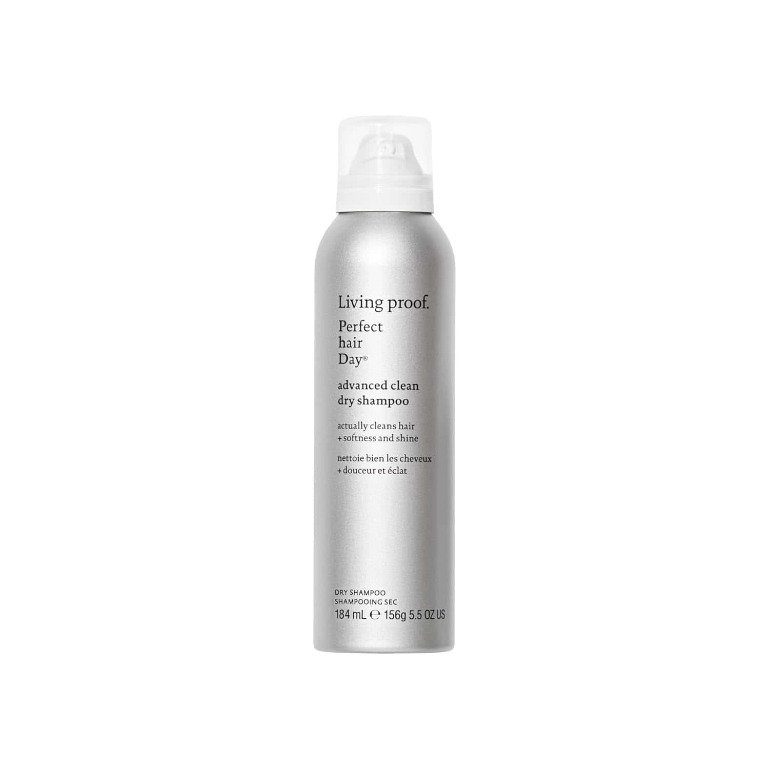 Living proof dry shampoo bottle with silver body and white pump cap, 5.5 oz