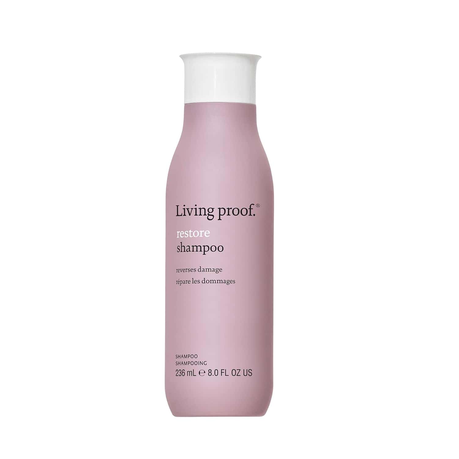 Living proof restore shampoo bottle, pink with white cap