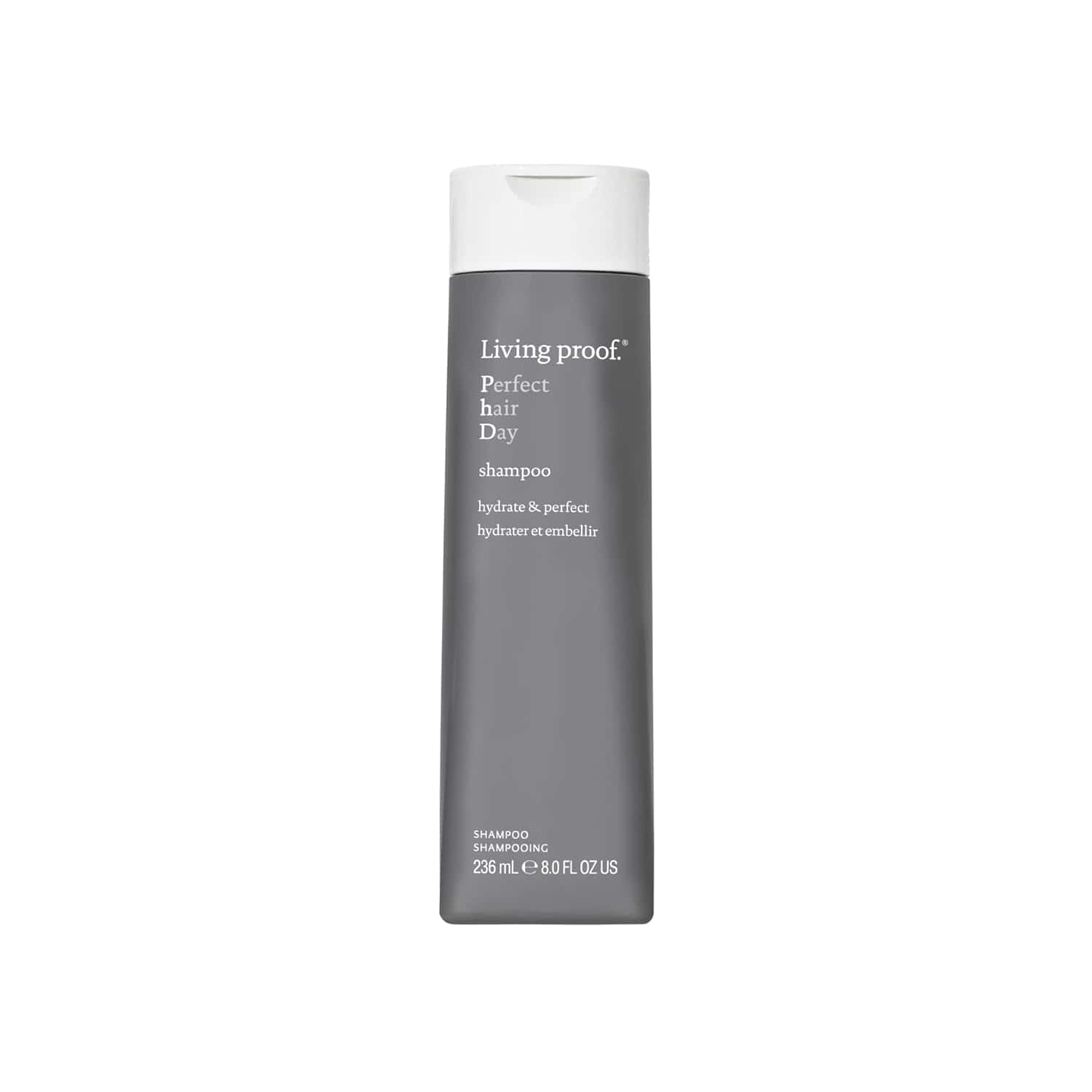 Living proof Perfect Day shampoo bottle, white cap, dark gray label