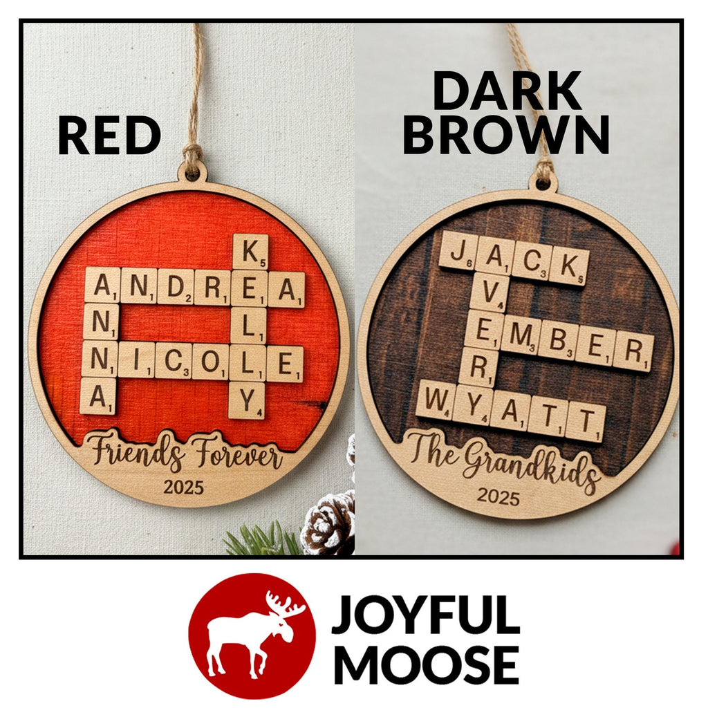 Set of two personalized Christmas ornaments: red and dark-brown, each with name letters and 2025.