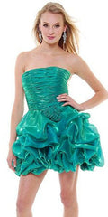 Emerald green strapless ruched bubble dress with metallic sheen and layered ruffle skirt