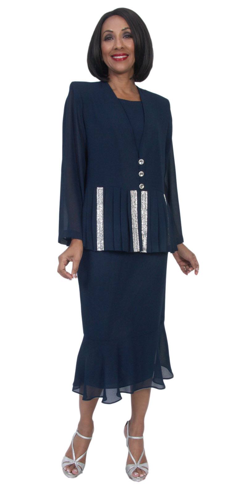 Navy blue modest 3-piece dress set with buttoned bodice and pleated front panels, ankle skirt