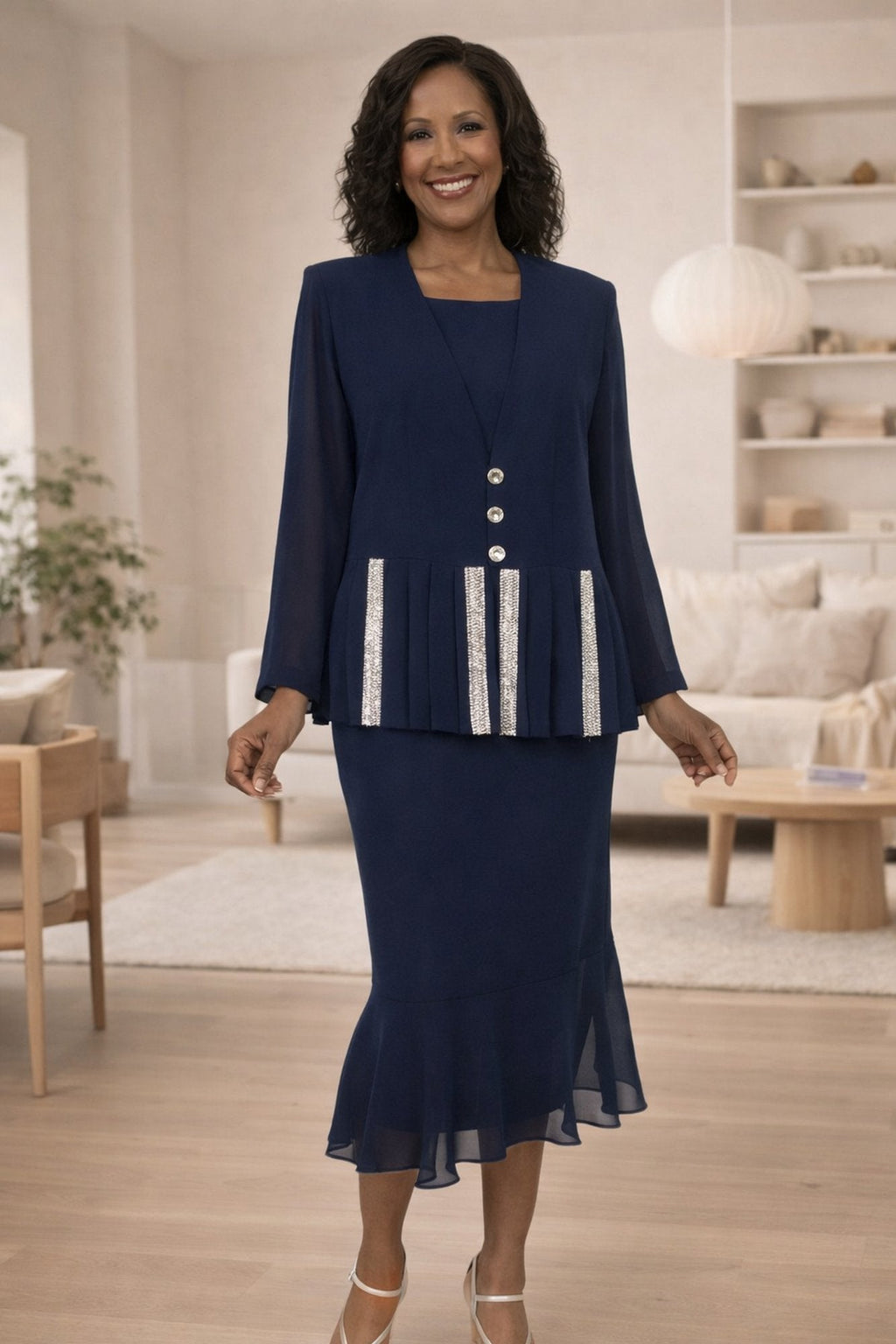 Navy blue modest 3-piece dress set with long sleeves, pleated front and ankle length skirt
