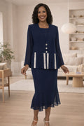 Navy blue modest 3-piece dress set with long sleeves, pleated front and ankle length skirt