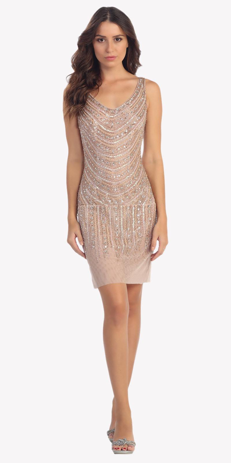 Champagne beaded cocktail dress, sleeveless V neckline, fringed sequin bodice