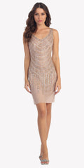 Champagne beaded cocktail dress, sleeveless V neckline, fringed sequin bodice