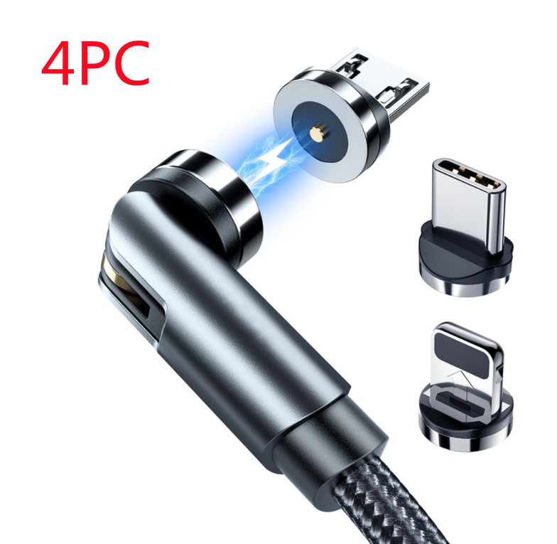Magnetic rotating charging cable with silver connector tips and black braided charging cord