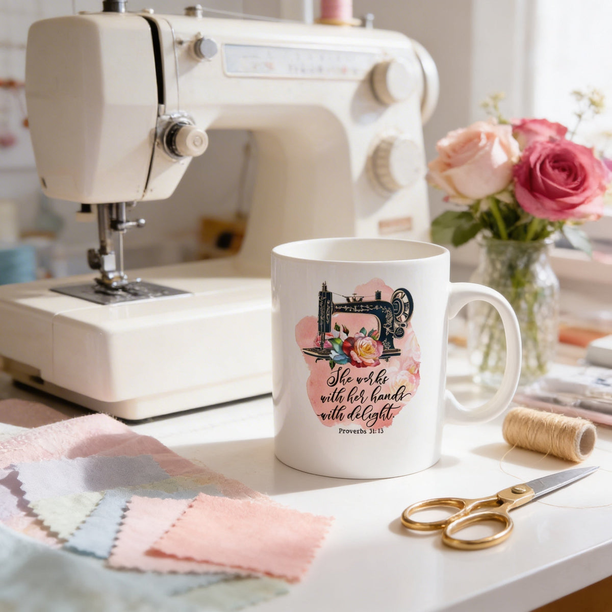Proverbs 31 coffee mug with floral watercolor circle and vintage sewing machine graphic