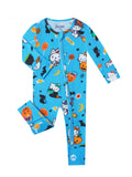 Blue baby bamboo romper with Hello Kitty, pumpkins, bats, and skulls on the zip-up front