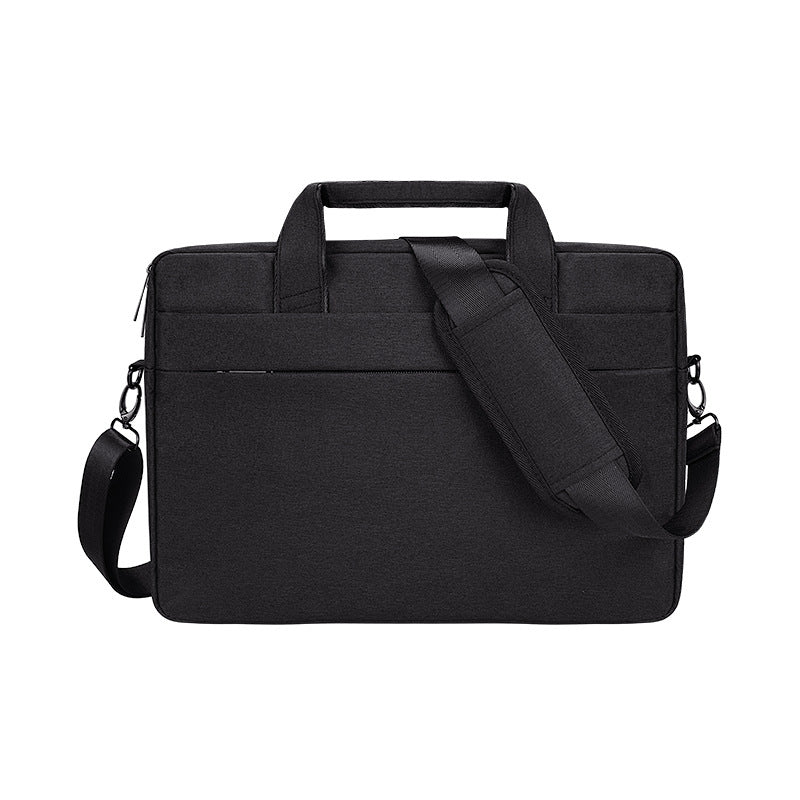 Black laptop shoulder bag with top handle, front zipper pockets, and adjustable strap