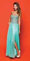 Teal strapless long gown with jeweled beaded corset and thigh-high slit