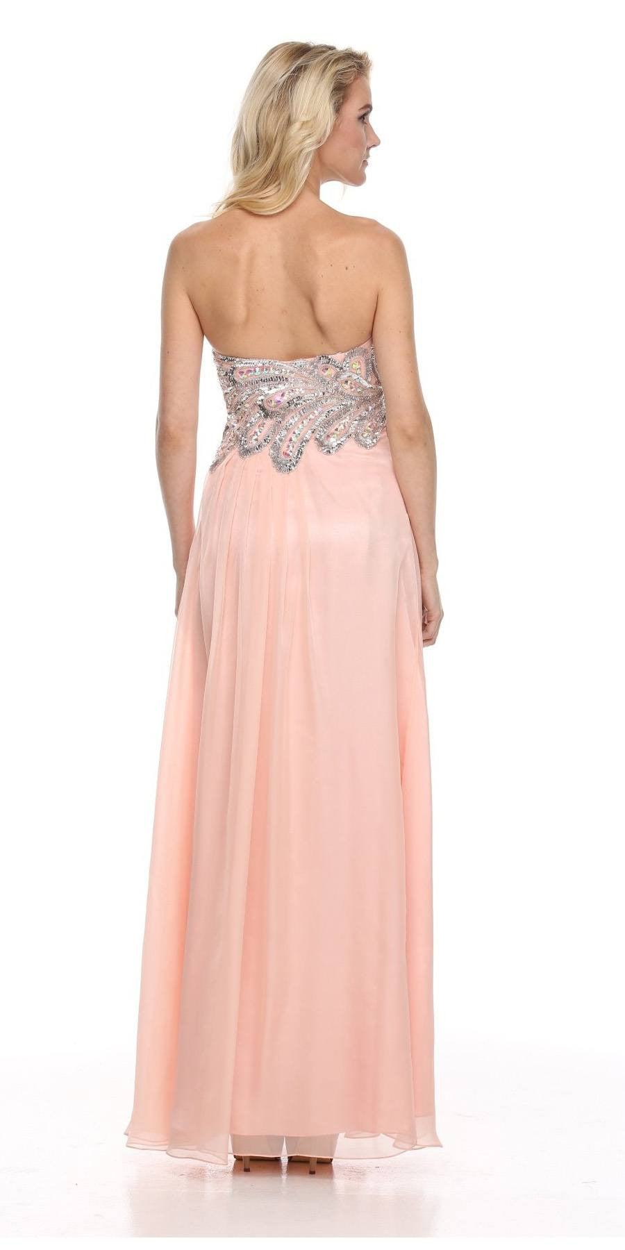 Peach long formal gown with beaded corset bodice, open back detail