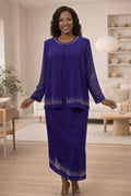Purple modest tea-length dress set with long sleeves and embroidered trim