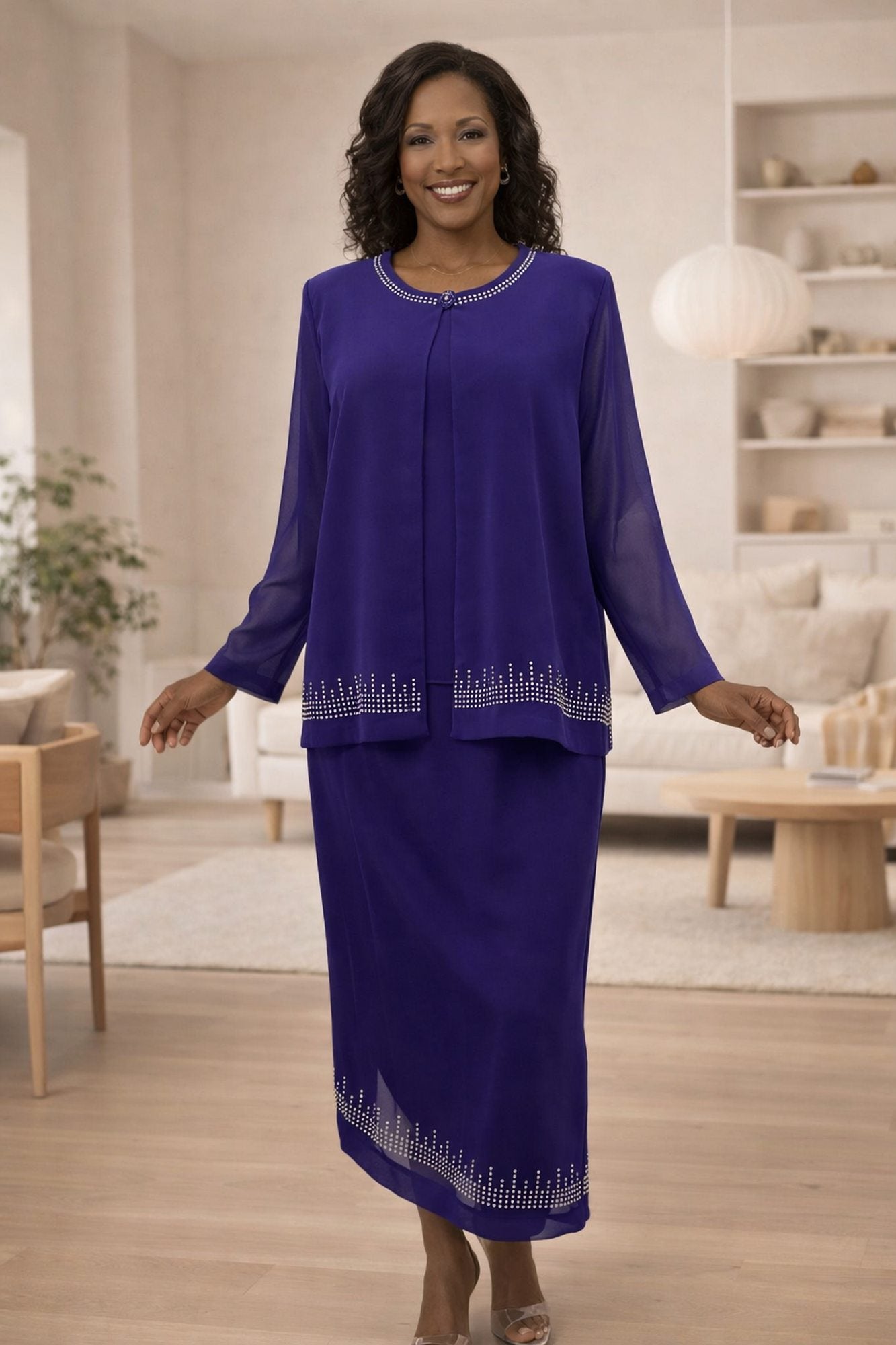 Purple modest tea-length dress set with long sleeves and embroidered trim