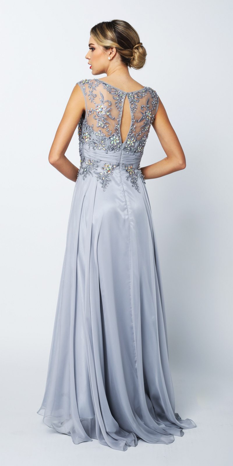 Silver-gray A-line evening gown, open back with studded lace bodice and tulle skirt