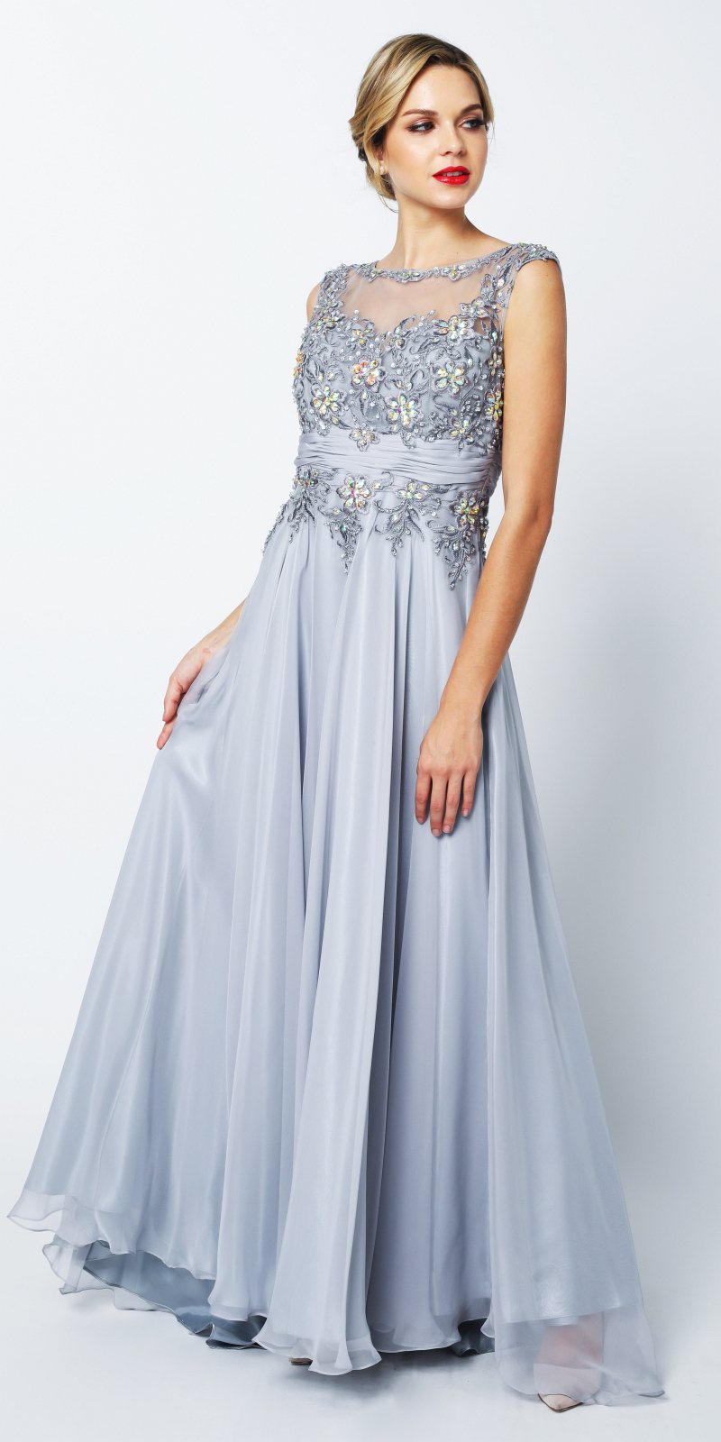 Silver-gray A-line evening gown with jeweled neckline and studded bodice, sleeveless