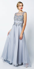 Silver-gray A-line evening gown with jeweled neckline and studded bodice, sleeveless
