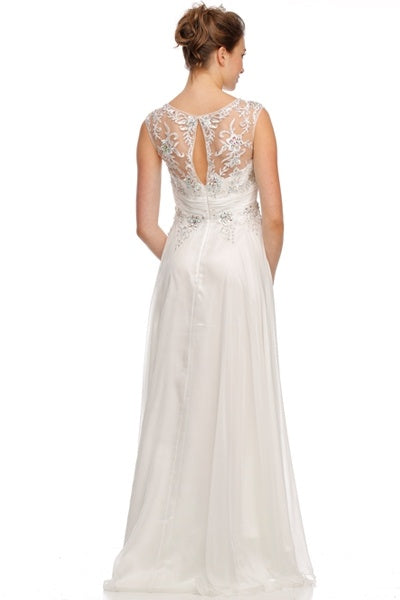 Back view long A-line evening gown with open back, sleeveless studded bodice, off-white