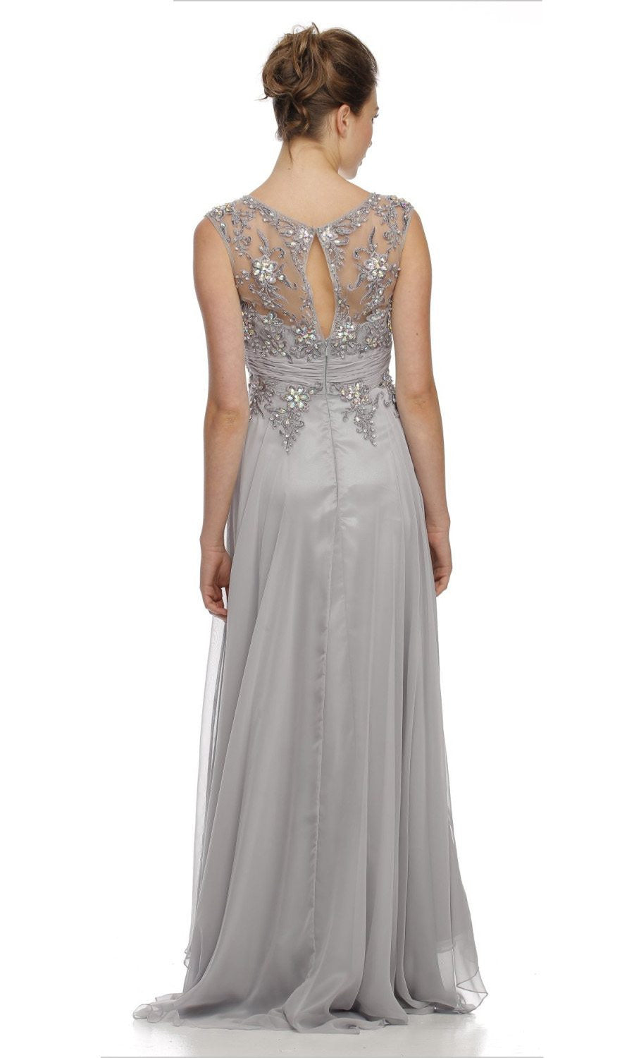 Silver-gray A-line evening gown with open-back beading and flowing tulle skirt