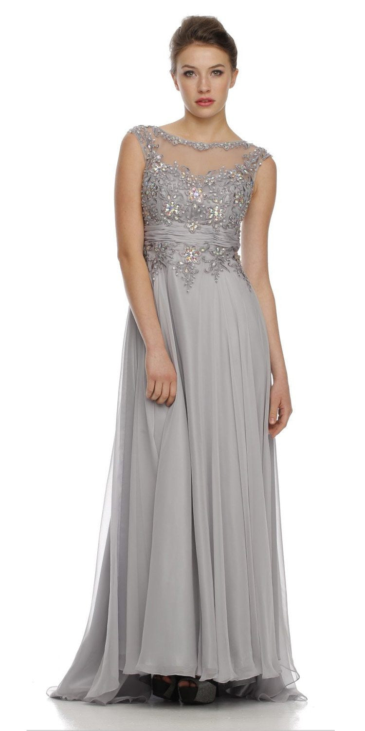 Long A-line evening gown with jewel neckline, sleeveless studded bodice, light blue-gray