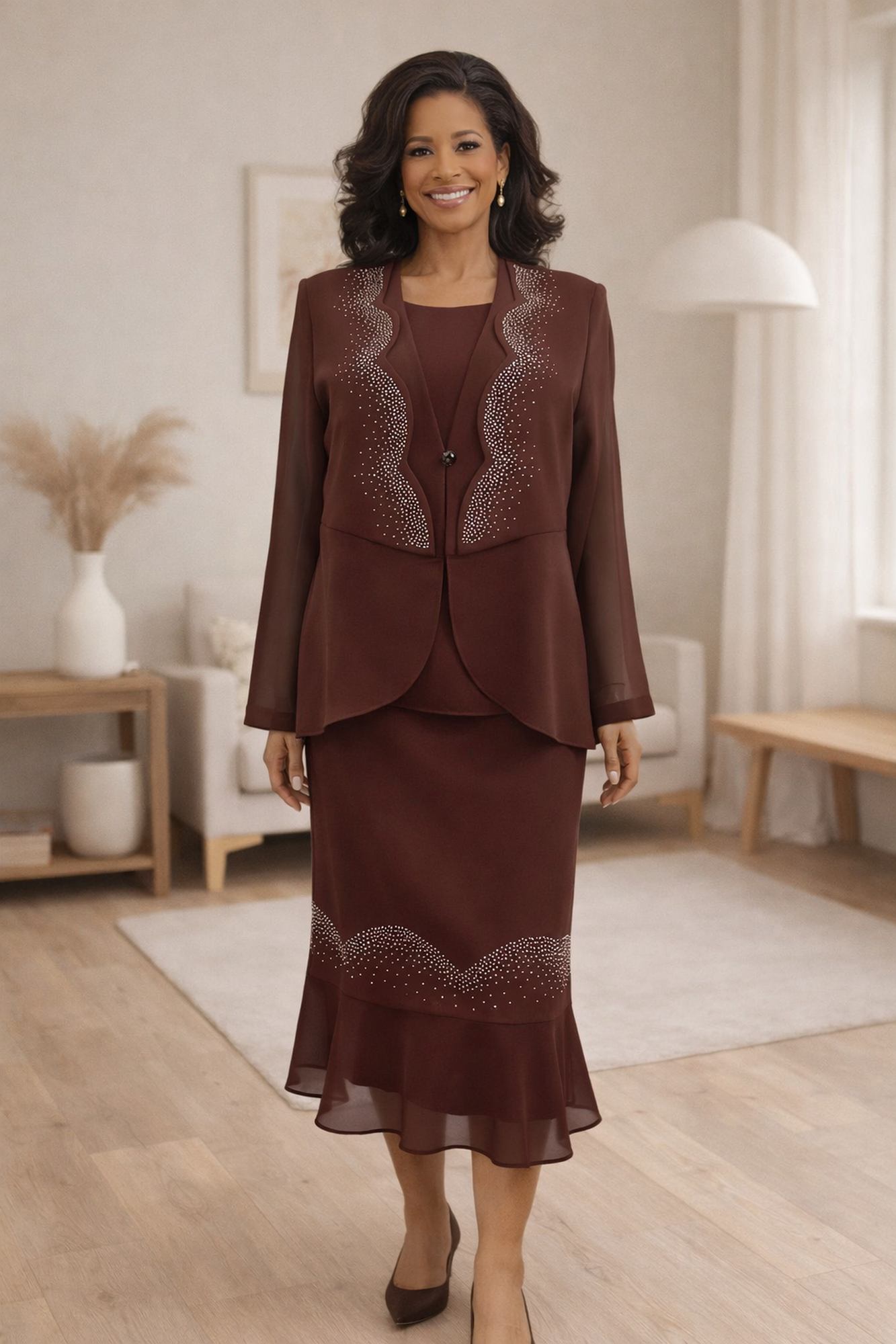 Hosanna modest 3-piece tea-length dress set, brown long-sleeve jacket and matching skirt
