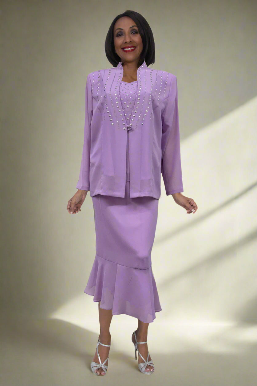 Hosanna modest 3-piece outfit set, light purple long-sleeve jacket and midi skirt
