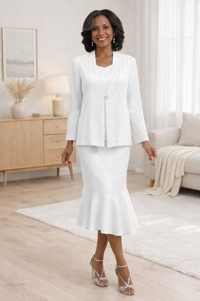 Hosanna modest 3-piece outfit set, white long-sleeve jacket and midi skirt